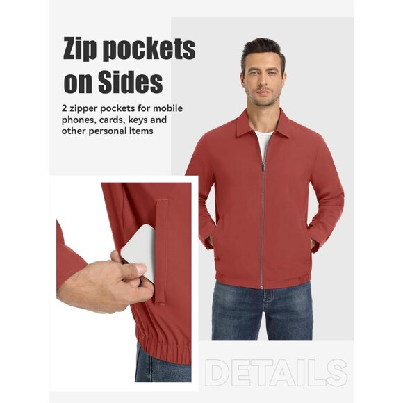 Men's Stylish Jackets Coat Orange Lightweight Casual Full Zip Up Pockets Golf - Picture 4 of 7